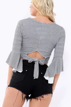 Rebellious Fashion Gingham Wrap Bell Sleeve Crop Top - Aria
