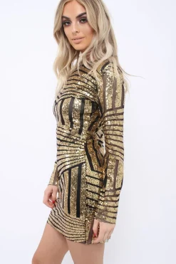 Rebellious Fashion Gold and Black Sequin Bodycon Dress - Lisandra