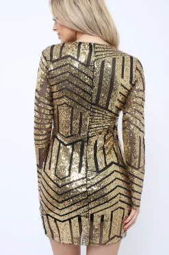 Rebellious Fashion Gold and Black Sequin Bodycon Dress - Lisandra