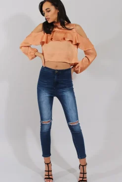Rebellious Fashion Gold Cold Shoulder Frill Layer Top - Lucy