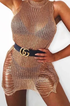 Rebellious Fashion Gold Distressed Knitted Dress - Aaila