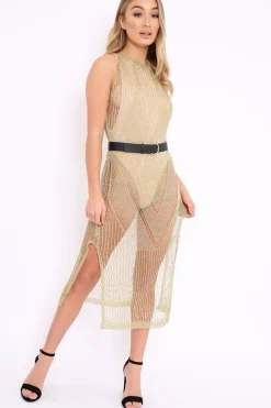 Rebellious Fashion Gold Distressed Knitted Midi Dress - Natalia