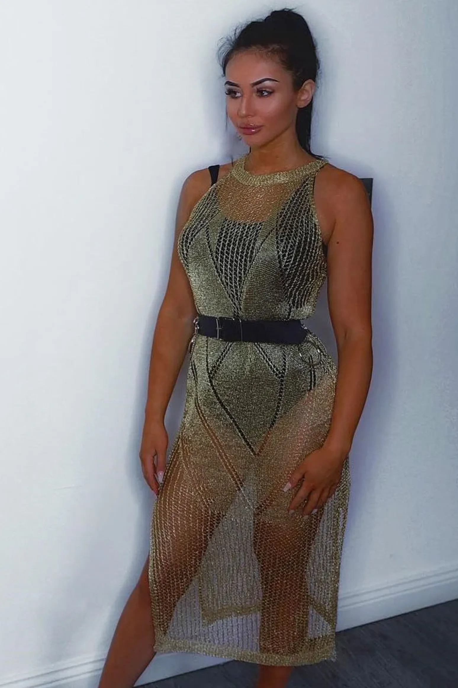 Rebellious Fashion Gold Distressed Knitted Midi Dress - Natalia