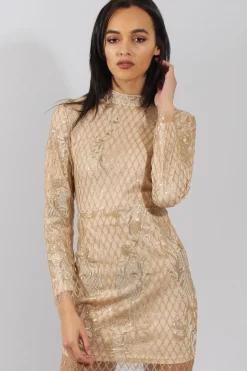 Rebellious Fashion Gold High Neck Sequin Embellished Bodycon Dress - Laila