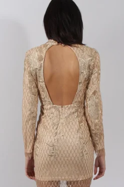 Rebellious Fashion Gold High Neck Sequin Embellished Bodycon Dress - Laila