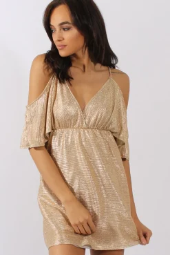 Rebellious Fashion Gold Metallic Cold Shoulder Tie Back Dress - Fern