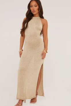 Rebellious Fashion Gold Metallic Knit Halter Neck Side Slit Maxi Dress - Sianni