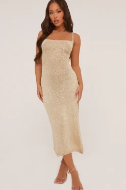 Rebellious Fashion Gold Metallic Knit Side Slit Lace Maxi Dress - Kamiah
