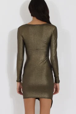 Rebellious Fashion Gold Metallic Wrap Side Ruched Dress - Harlie