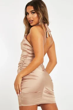 Rebellious Fashion Gold Ruched Side Halter Neck Satin Mini Dress - Elize