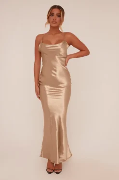Rebellious Fashion Gold Satin Cowl Neck Maxi Dress - Jesi