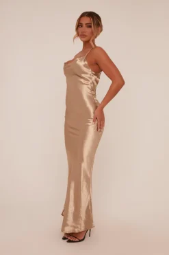 Rebellious Fashion Gold Satin Cowl Neck Maxi Dress - Jesi