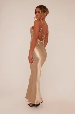 Rebellious Fashion Gold Satin Cowl Neck Maxi Dress - Jesi