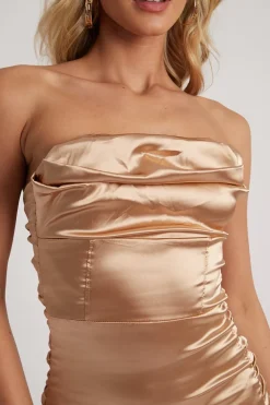 Rebellious Fashion Gold Satin Ruched Mini Dress - Thia