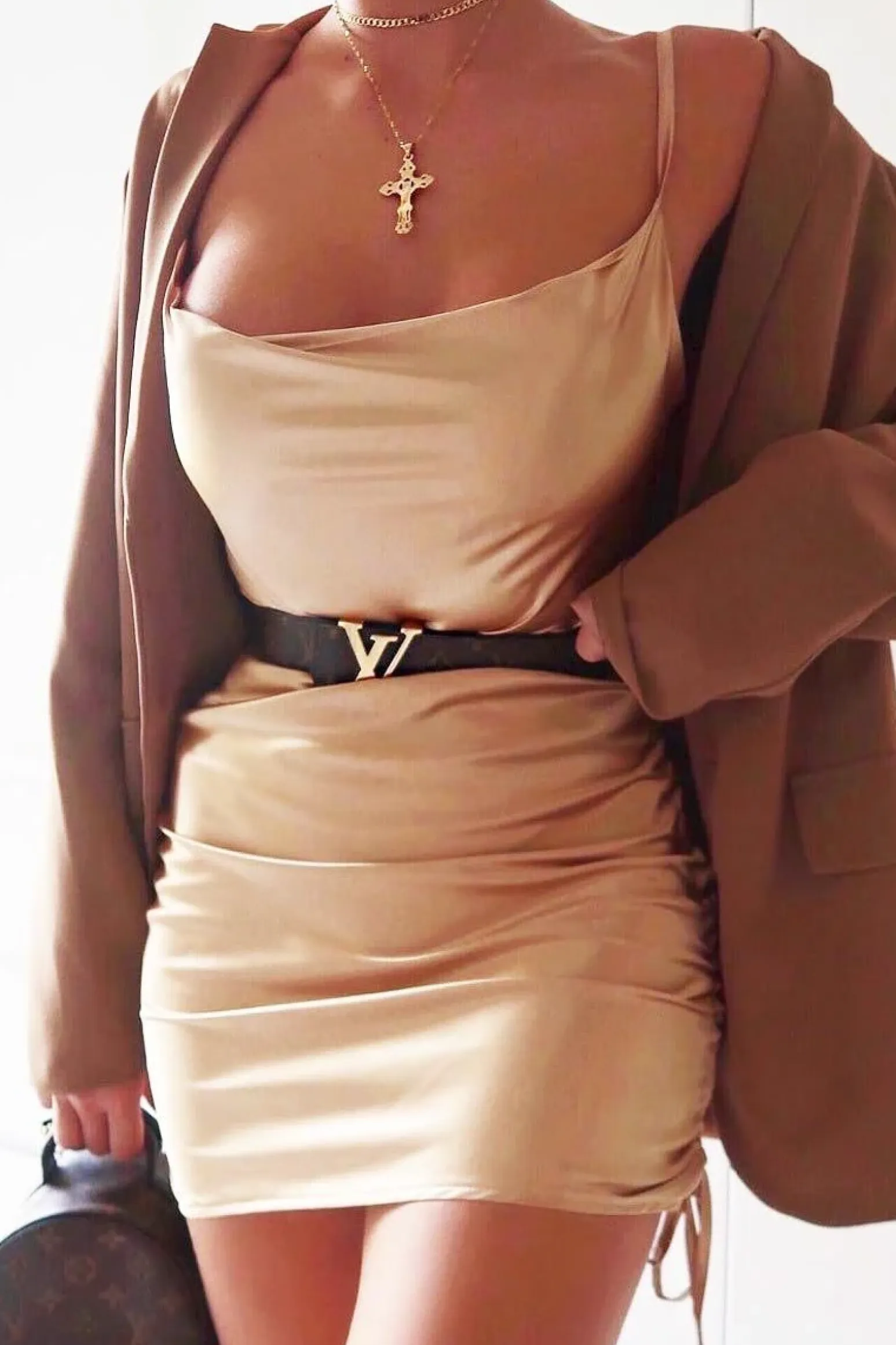Rebellious Fashion Gold Satin Ruched Side Slip Bodycon Dress - Davie