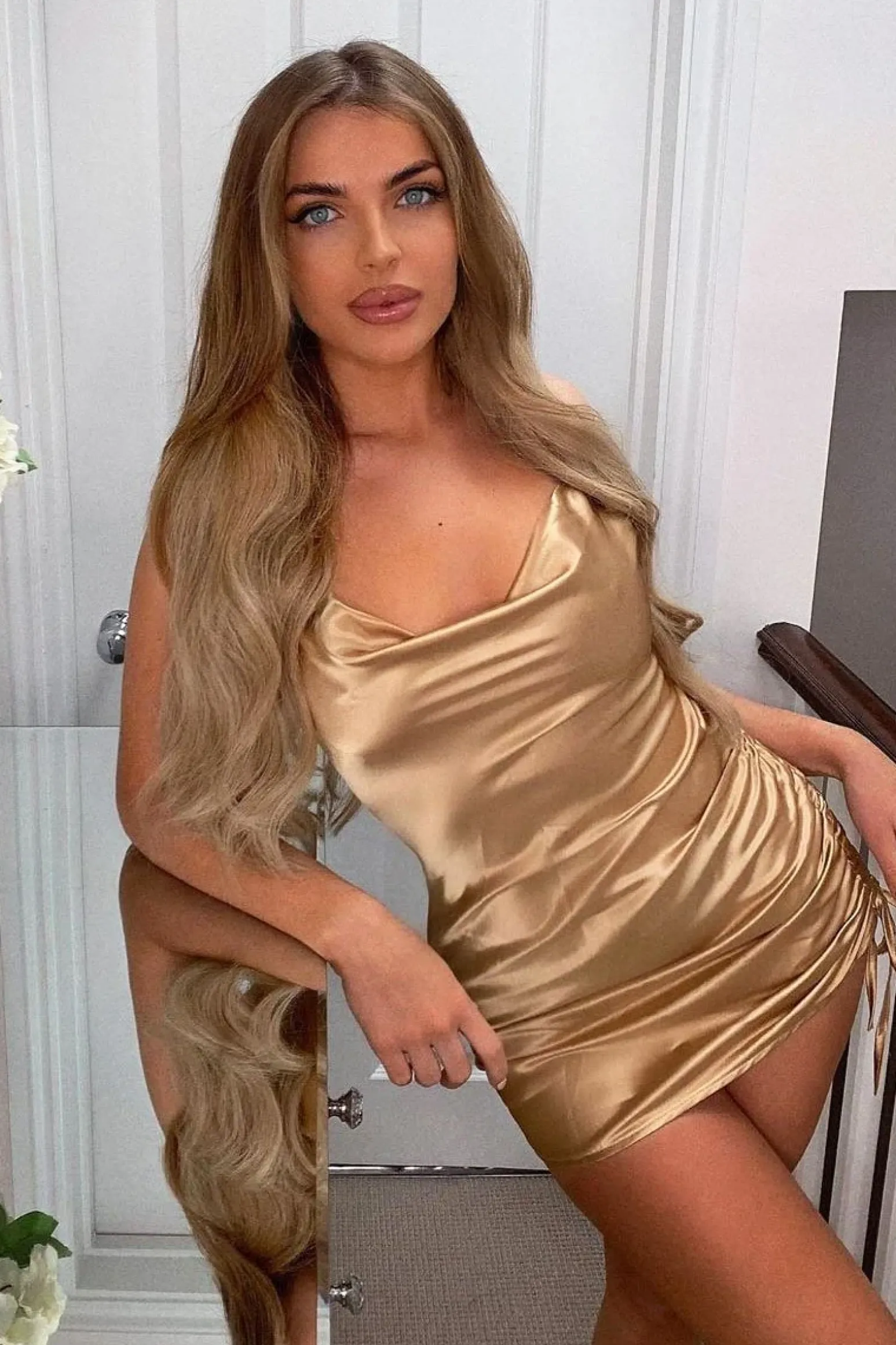 Rebellious Fashion Gold Satin Ruched Side Slip Bodycon Dress - Davie