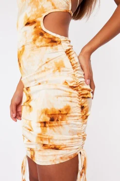 Rebellious Fashion Gold Tie Dye Ruched Side Midi Dress - Adorah