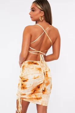 Rebellious Fashion Gold Tie Dye Ruched Side Midi Dress - Adorah