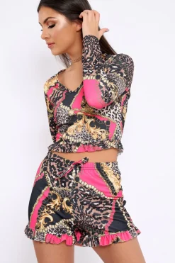 Rebellious Fashion Gold & Fuchsia Frill Chain Print Co-Ord - Haidy