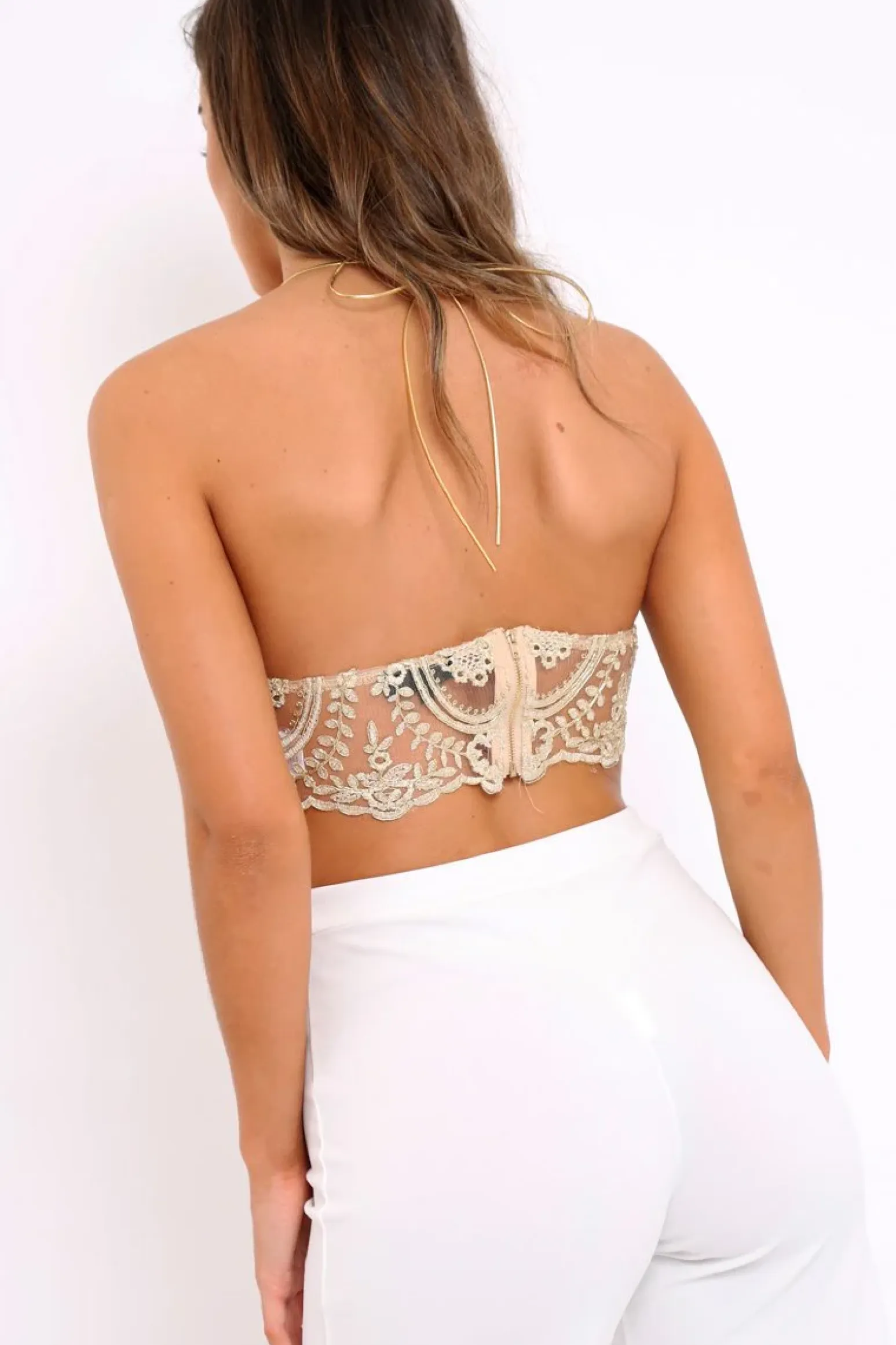 Rebellious Fashion Gold Applique Sheer Halter neck Bralet - Shawna