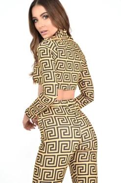 Rebellious Fashion Gold Black Greek Crop Top Leggings Co-Ord - Artemis