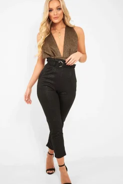 Rebellious Fashion Gold Black Plunge Cross Back Bodysuit - Jolina