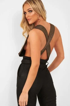 Rebellious Fashion Gold Black Plunge Cross Back Bodysuit - Jolina