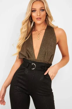 Rebellious Fashion Gold Black Plunge Cross Back Bodysuit - Jolina