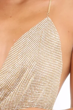 Rebellious Fashion Gold Chainmail Halterneck Crop Top - Esme