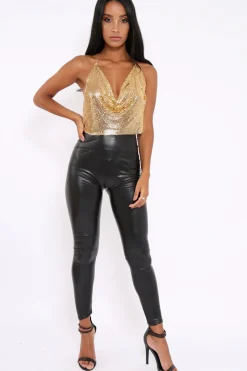 Rebellious Fashion Gold Cowl Chainmail Halterneck Crop Top - Ebonie