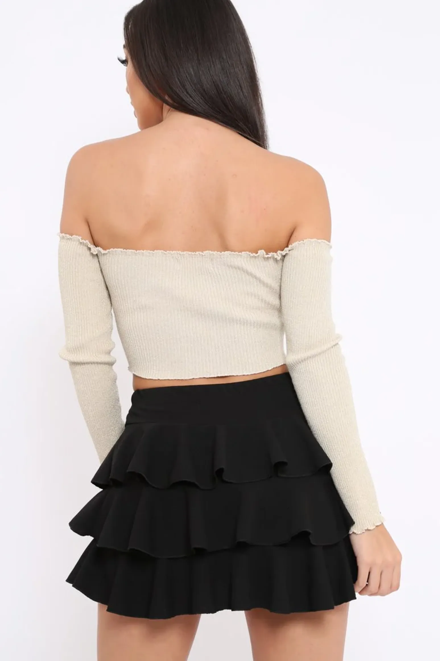 Rebellious Fashion Gold Gathered Middle Bardot Crop Top - Sally
