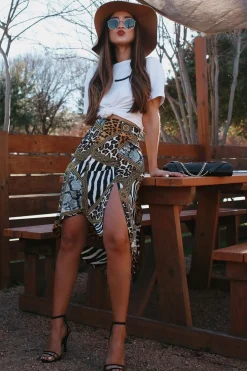 Rebellious Fashion Gold Leopard Mix Print Split Front Midi Skirt - Valera