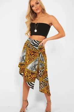 Rebellious Fashion Gold Leopard Mix Print Split Front Midi Skirt - Valera