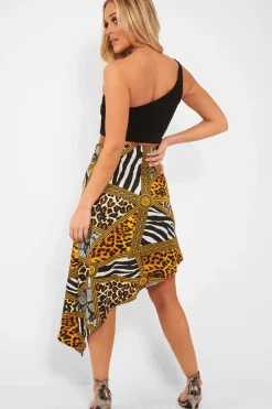 Rebellious Fashion Gold Leopard Mix Print Split Front Midi Skirt - Valera
