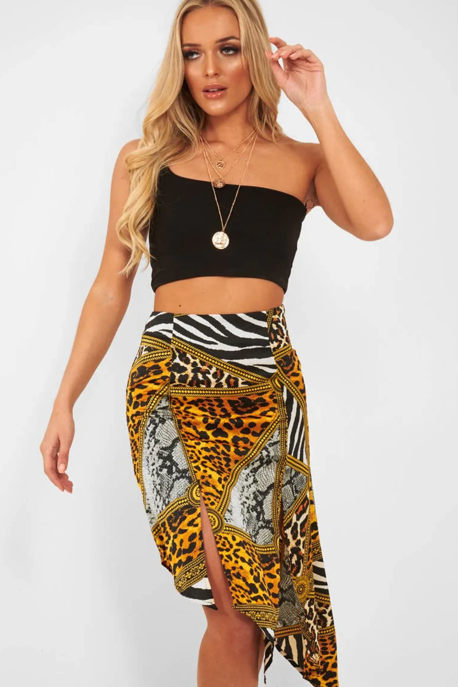 Rebellious Fashion Gold Leopard Mix Print Split Front Midi Skirt - Valera