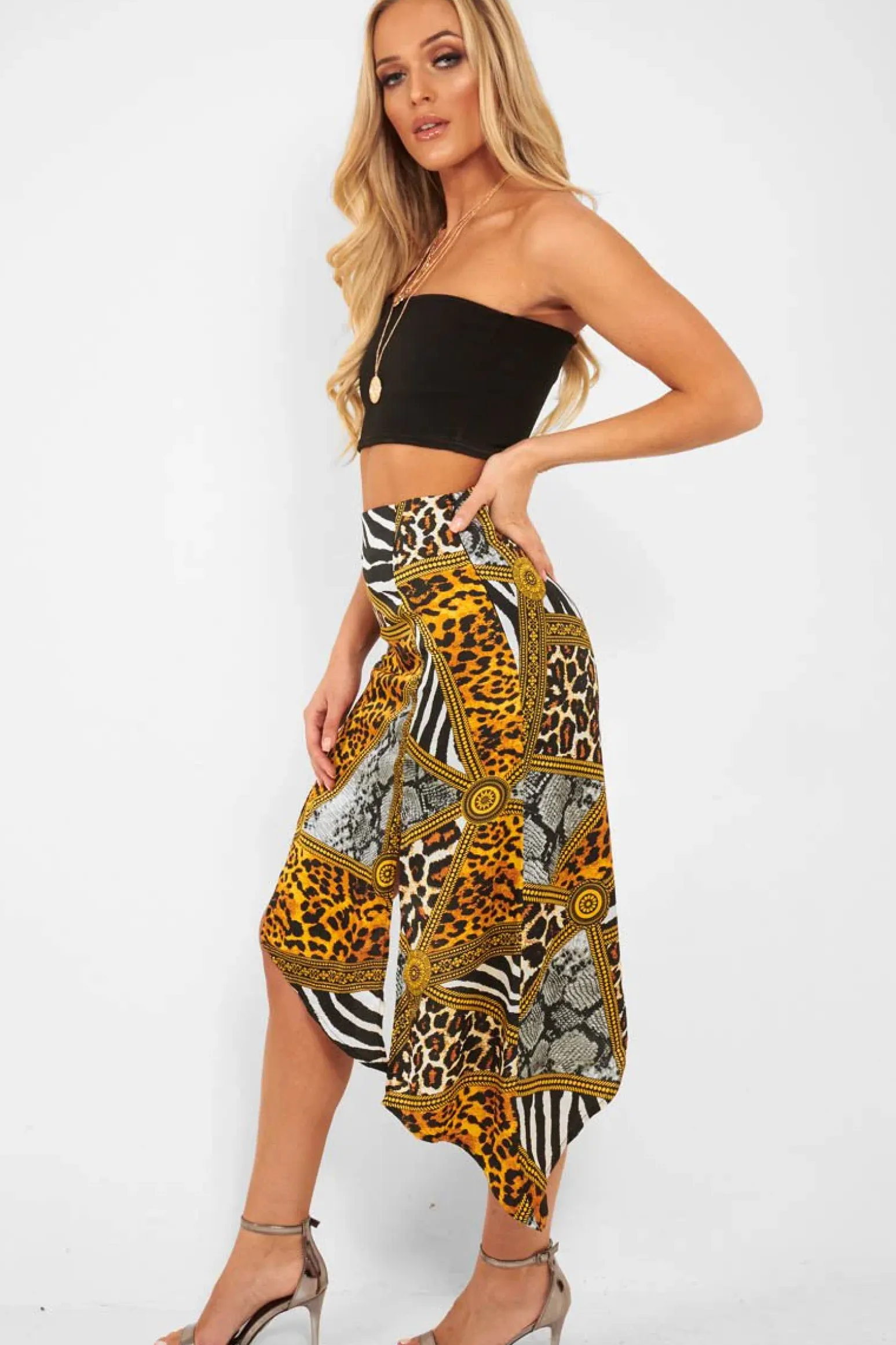 Rebellious Fashion Gold Leopard Mix Print Split Front Midi Skirt - Valera