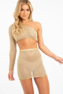 Rebellious Fashion Gold Mesh One Sleeve Crop Top Skirt Co-ord - Tyriana