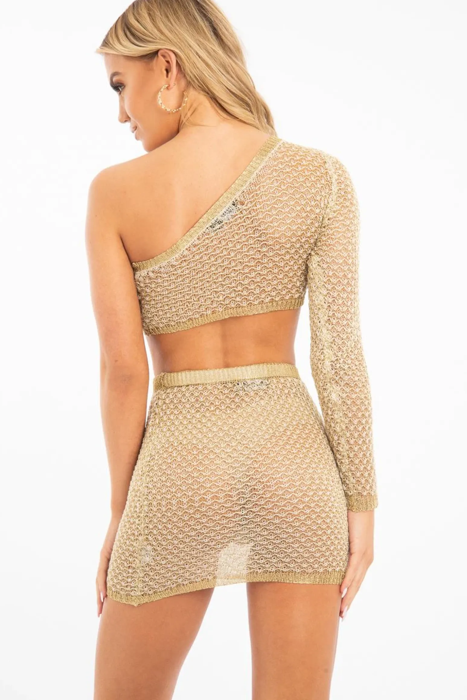 Rebellious Fashion Gold Mesh One Sleeve Crop Top Skirt Co-ord - Tyriana