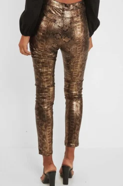 Rebellious Fashion Gold Metallic Coated Snake Print Jeans - Tamsin