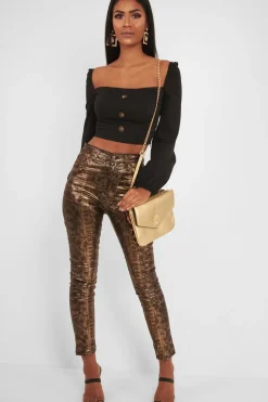 Rebellious Fashion Gold Metallic Coated Snake Print Jeans - Tamsin