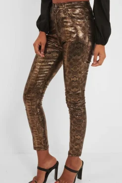 Rebellious Fashion Gold Metallic Coated Snake Print Jeans - Tamsin