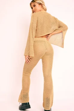 Rebellious Fashion Gold Metallic Crochet Trouser Crop Top Co-ord - Natia