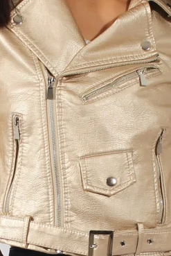 Rebellious Fashion Gold Metallic Cropped Biker Jacket - Bianca
