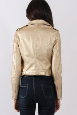 Rebellious Fashion Gold Metallic Cropped Biker Jacket - Bianca