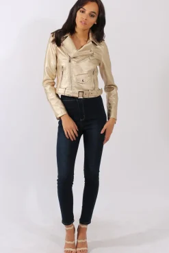 Rebellious Fashion Gold Metallic Cropped Biker Jacket - Bianca