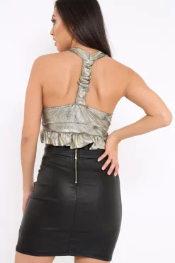 Rebellious Fashion Gold Metallic Frill Hem Racer Back Crop Top - Lucie