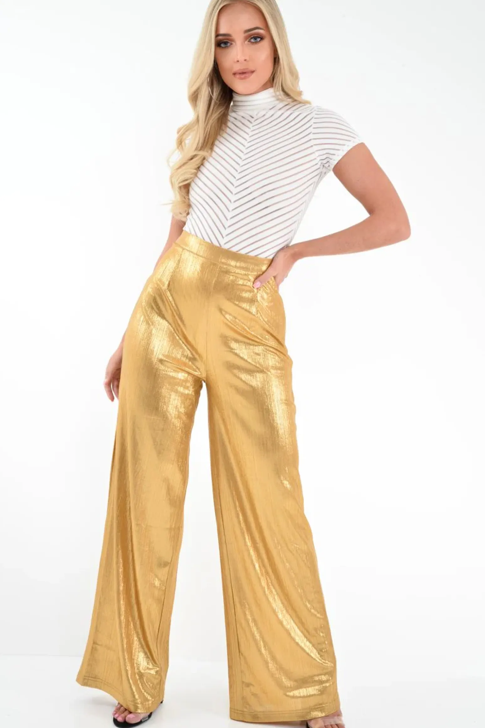 Rebellious Fashion Gold Metallic High Waist Wide Leg Trousers - Lissette