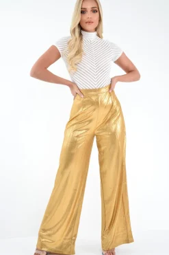 Rebellious Fashion Gold Metallic High Waist Wide Leg Trousers - Lissette