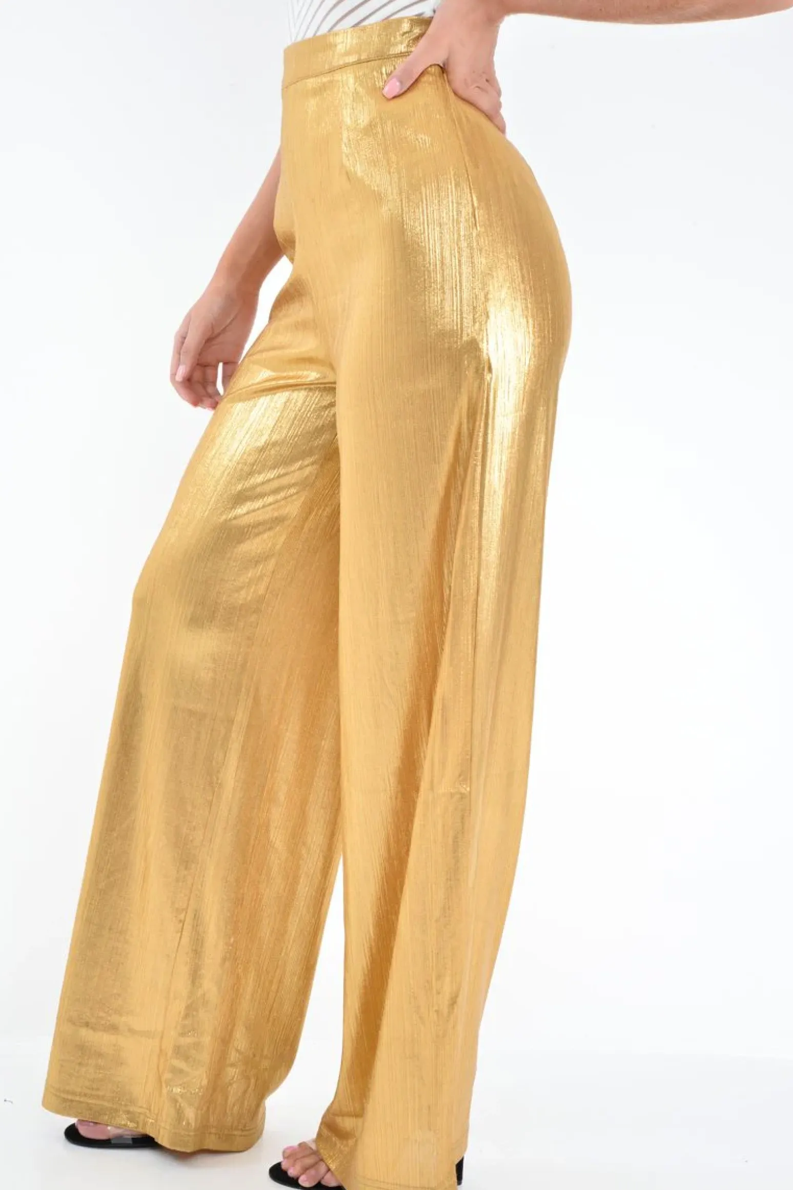 Rebellious Fashion Gold Metallic High Waist Wide Leg Trousers - Lissette