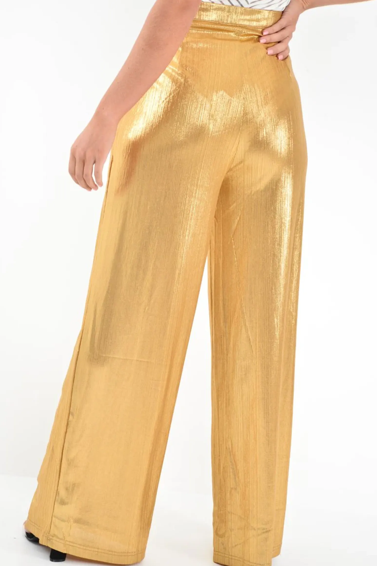 Rebellious Fashion Gold Metallic High Waist Wide Leg Trousers - Lissette
